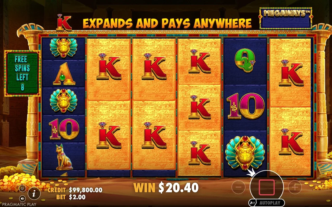 Freispielrunde mit expandierendem K-Symbol über mehrere Walzen, Gewinn 20,40 $, noch 8 Freispiele übrig.