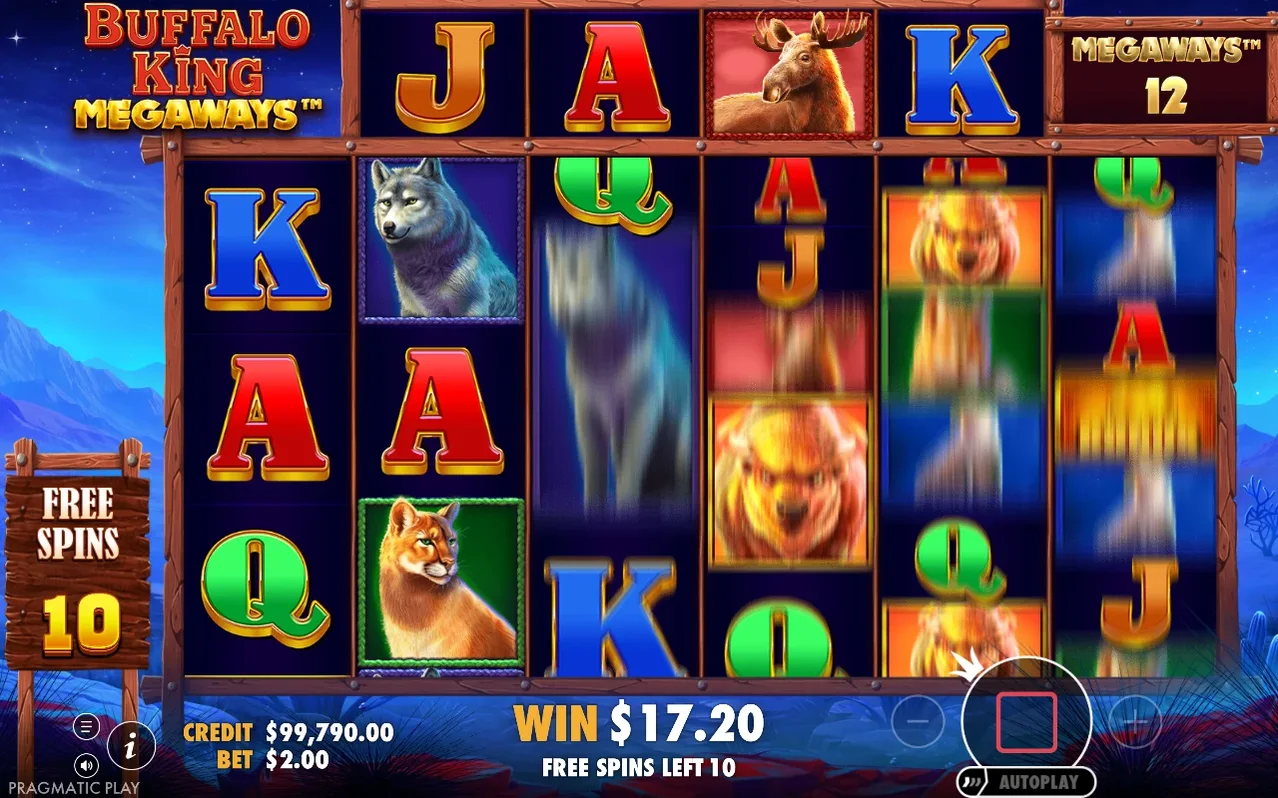 Freispielrunde in der Tumble-Kaskade, Symbole fallen verschwommen, Megaways zeigt 12, Freispiele 10, Gewinn 17,20 $.