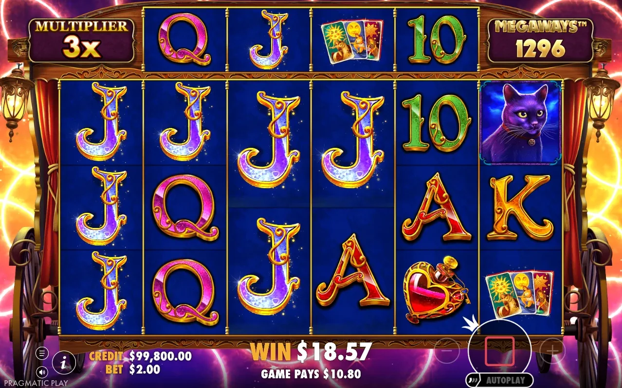 Freispielwalze mit Multiplikator 3x, MEGAWAYS 1296, Gewinn $18.57 und Teilauszahlung $10.80.
