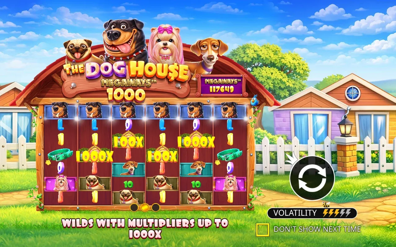 Dog House Megaways 1000 preview with four dogs on roof, wilds up to 1000x, volatility bolts