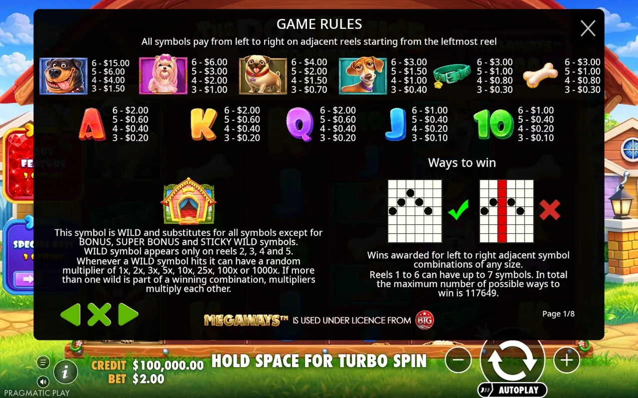 Game rules page 1/8 listing dog, card and bone symbol payouts plus wild and ways-to-win diagrams