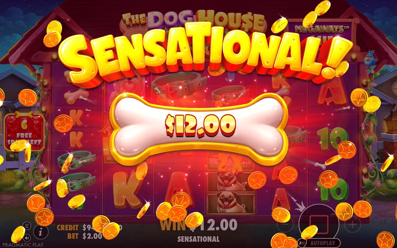 Sensational win banner showing $12.00 bone payout with falling gold coins, 6 free spins left
