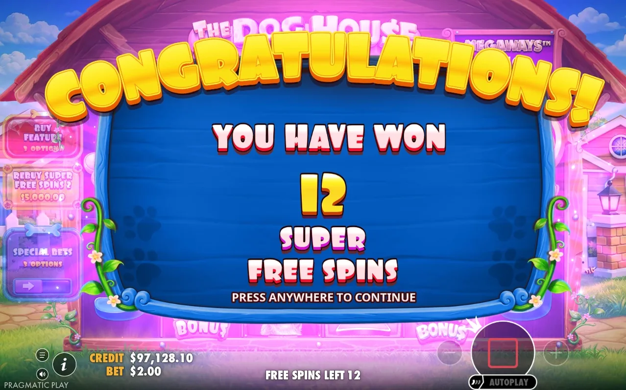 Congratulations screen announcing 12 Super Free Spins won, credit $97,128.10, bet $2.00