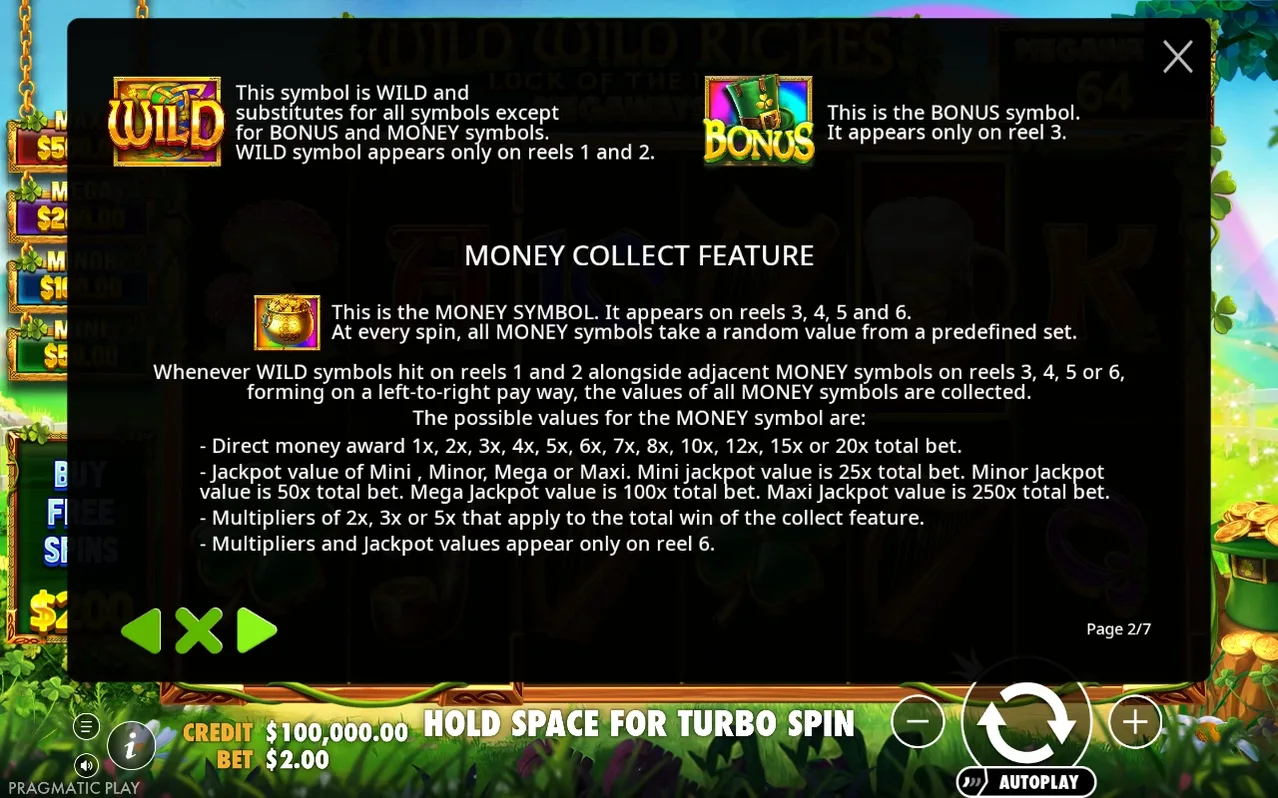 Regelseite 2 von 7 erklärt WILD-, BONUS- und MONEY-Symbol sowie die Money-Collect-Feature-Werte.